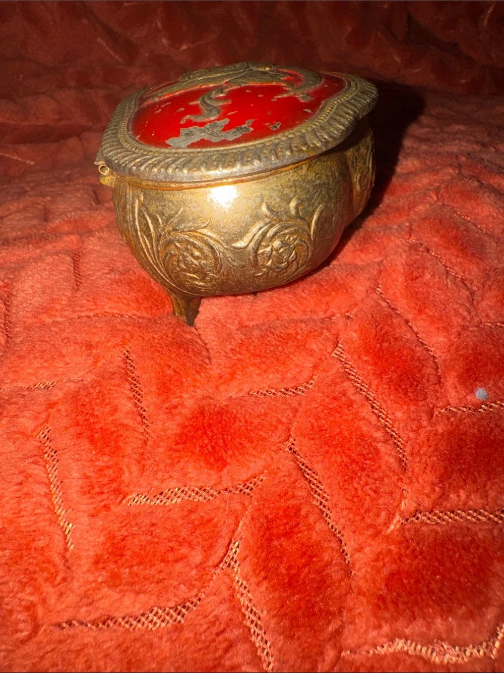 Vintage Ornate Brass & Enamel Pegasus Trinket Box Red Velvet Lined Footed Casket
